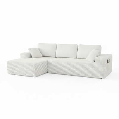 108" Boneless Sofa for Living Room, Modern L-Shaped Corduroy Sectional, Modular Cloud Couch with Deep Seating Upholstered Sofa, Oversized,No Assembly, White