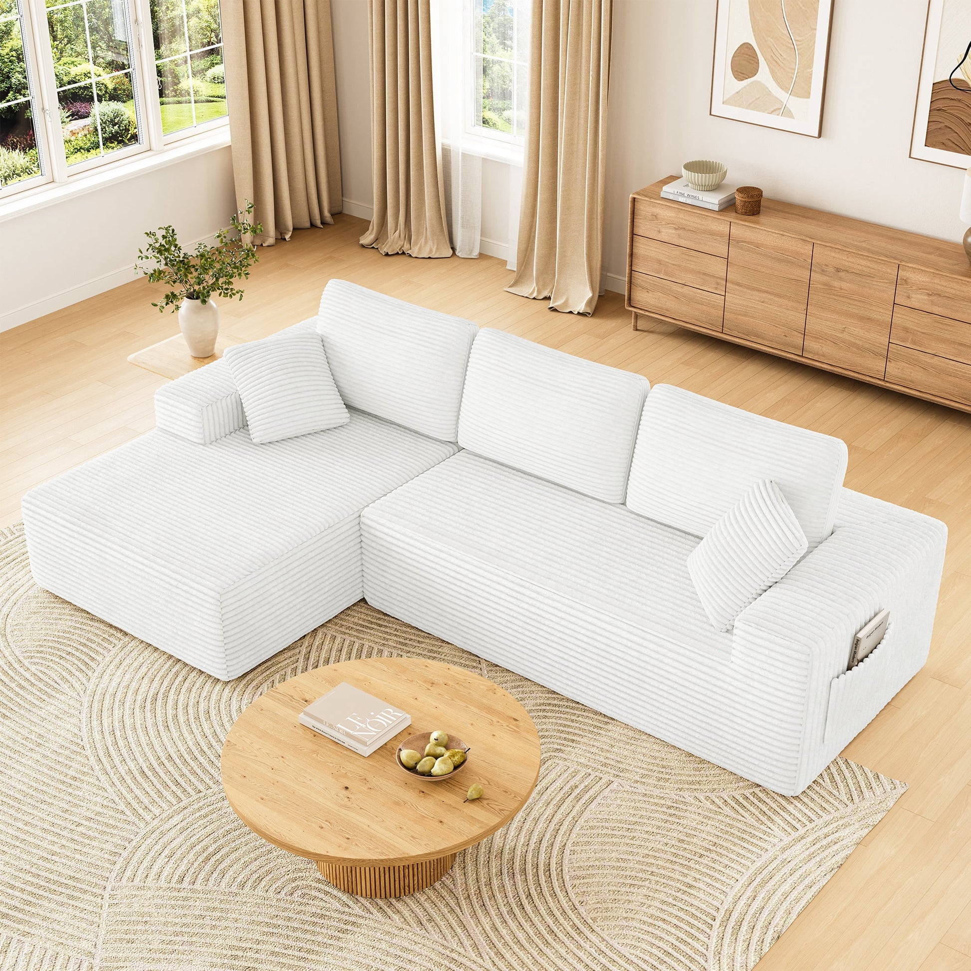 108" Boneless Sofa for Living Room,  Modern L-Shaped Corduroy Sectional, Modular Cloud Couch with Deep Seating Upholstered Sofa, Oversized,No Assembly, White