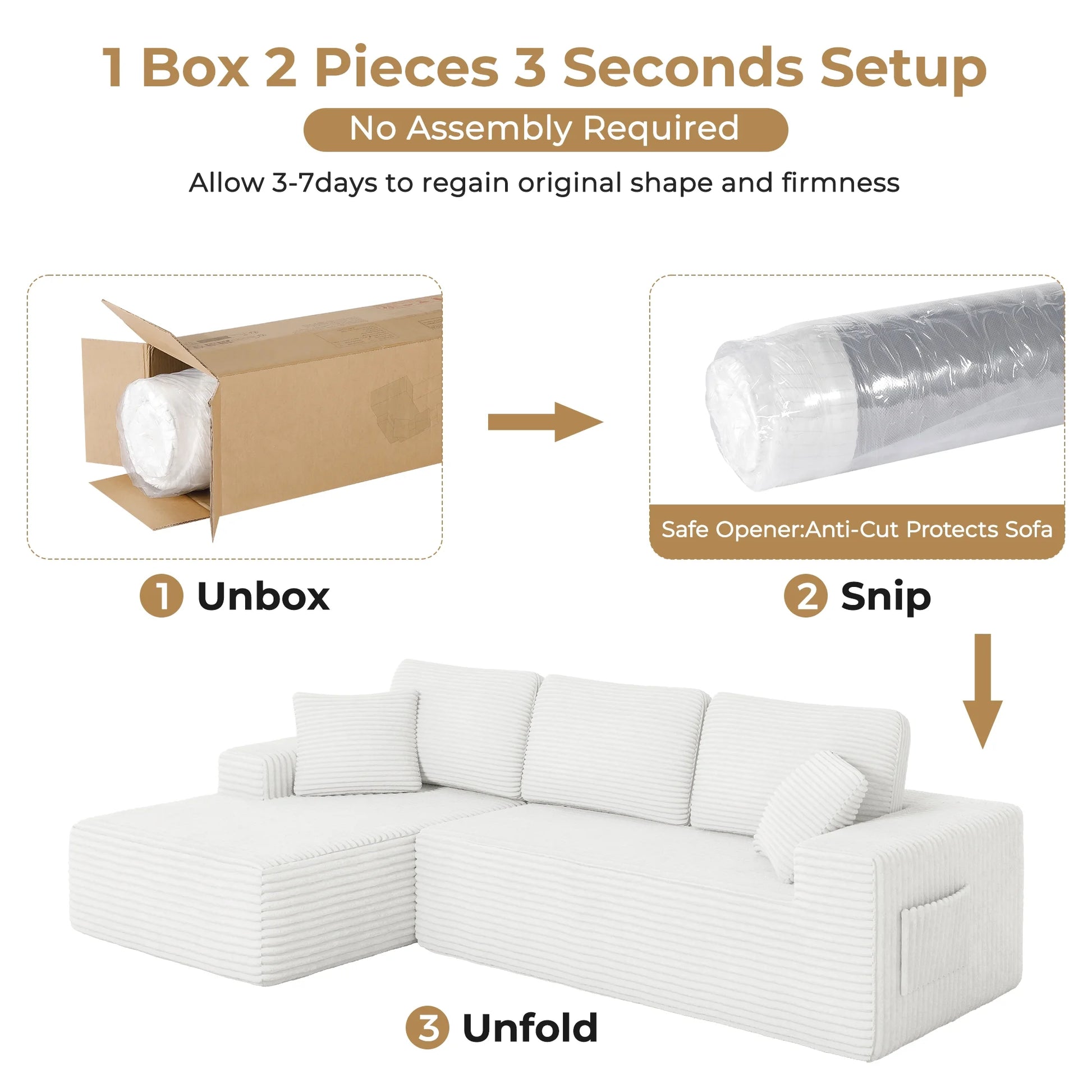 108" Boneless Sofa for Living Room,  Modern L-Shaped Corduroy Sectional, Modular Cloud Couch with Deep Seating Upholstered Sofa, Oversized,No Assembly, White