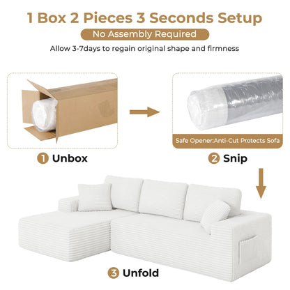 108" Boneless Sofa for Living Room,  Modern L-Shaped Corduroy Sectional, Modular Cloud Couch with Deep Seating Upholstered Sofa, Oversized,No Assembly, White