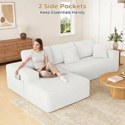 108" Boneless Sofa for Living Room,  Modern L-Shaped Corduroy Sectional, Modular Cloud Couch with Deep Seating Upholstered Sofa, Oversized,No Assembly, White