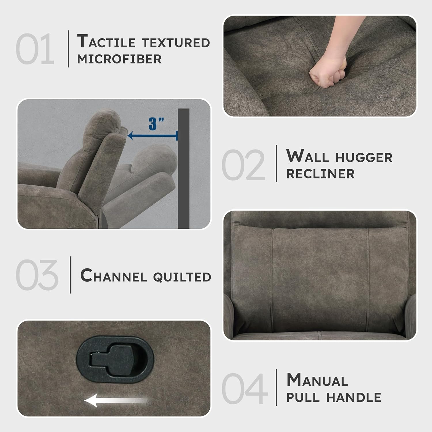 Manual Double Reclining Sofa, Textured Microfiber Upholstered 3 Seater Manual Sofa Recliner for Living Room, Wall Hugger, Track Arm, Easy Assembly, Brown
