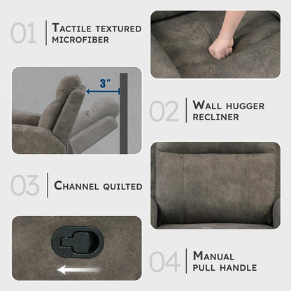 Manual Double Reclining Sofa, Textured Microfiber Upholstered 3 Seater Manual Sofa Recliner for Living Room, Wall Hugger, Track Arm, Easy Assembly, Brown