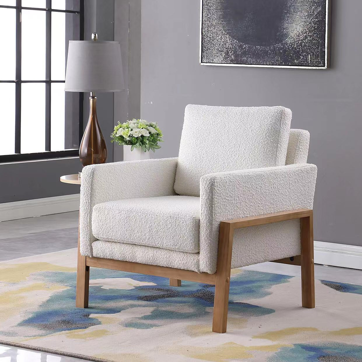 Wood Frame Accent Chair |  Home Decor | Accent Chairs for Living Room & Bedroom - Cream Boucle