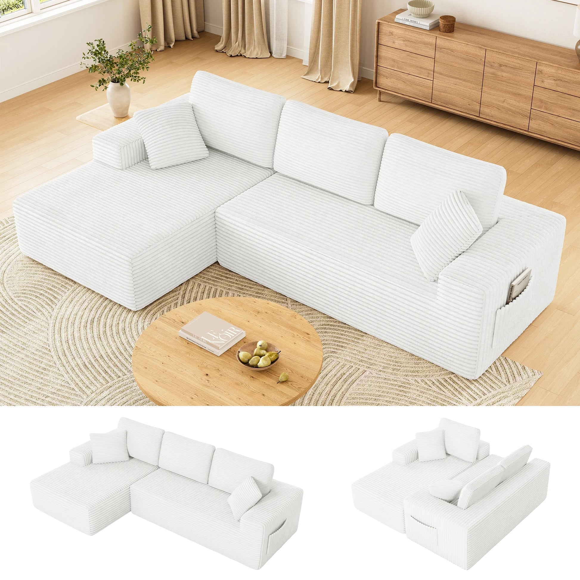 108" Boneless Sofa for Living Room,  Modern L-Shaped Corduroy Sectional, Modular Cloud Couch with Deep Seating Upholstered Sofa, Oversized,No Assembly, White
