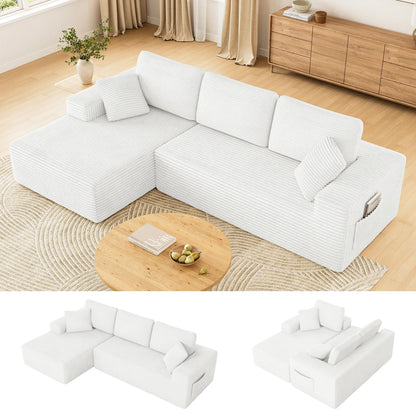 108" Boneless Sofa for Living Room,  Modern L-Shaped Corduroy Sectional, Modular Cloud Couch with Deep Seating Upholstered Sofa, Oversized,No Assembly, White