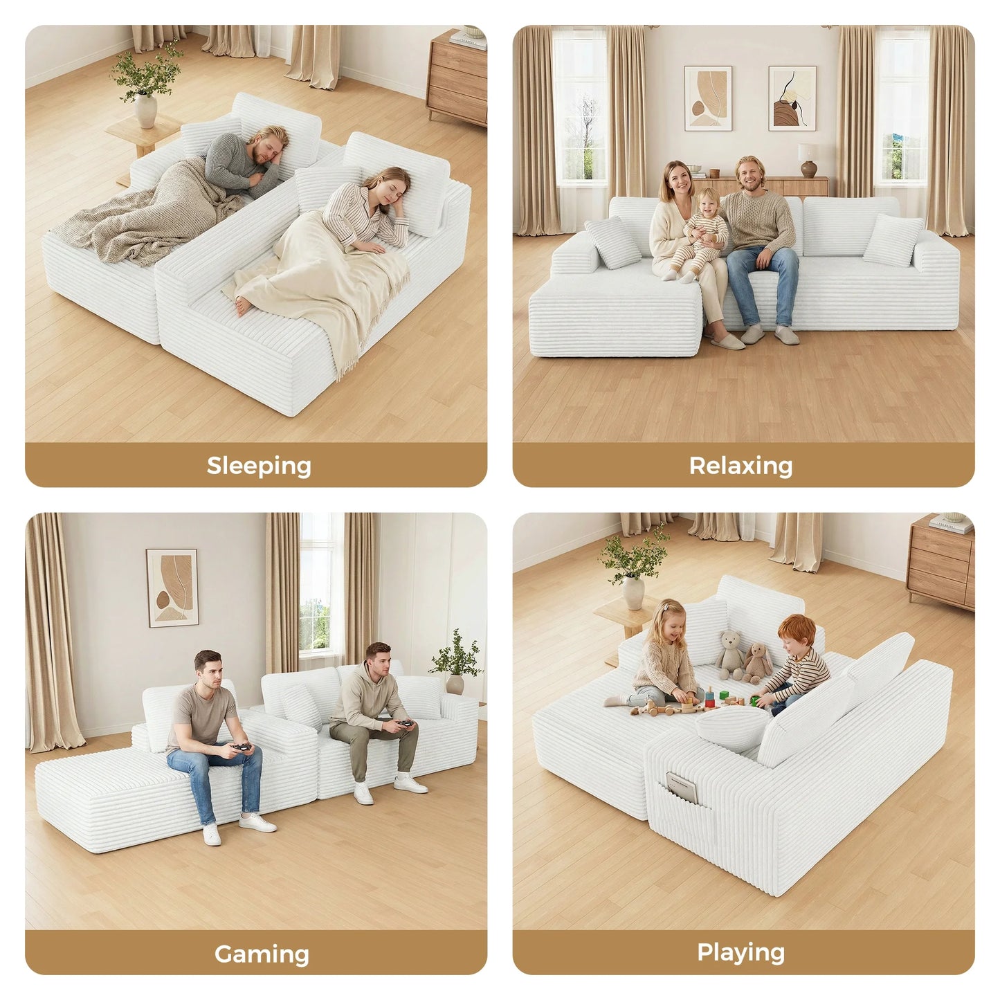 108" Boneless Sofa for Living Room,  Modern L-Shaped Corduroy Sectional, Modular Cloud Couch with Deep Seating Upholstered Sofa, Oversized,No Assembly, White
