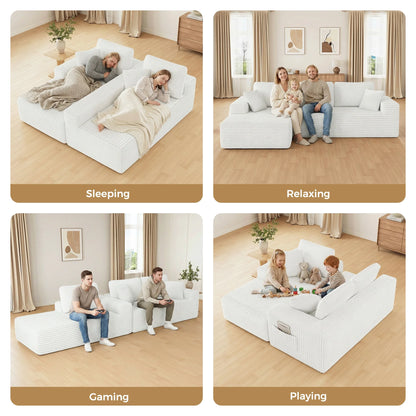 108" Boneless Sofa for Living Room,  Modern L-Shaped Corduroy Sectional, Modular Cloud Couch with Deep Seating Upholstered Sofa, Oversized,No Assembly, White