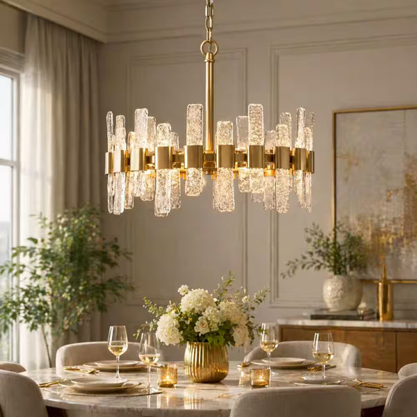 Mid-Century Modern Gold Kitchen Island Chandelier, 6-Light Glam Dining Room Ceiling Light with Icing Glass Strips