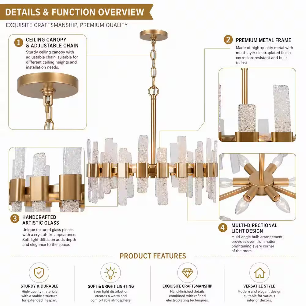 Mid-Century Modern Gold Kitchen Island Chandelier, 6-Light Glam Dining Room Ceiling Light with Icing Glass Strips