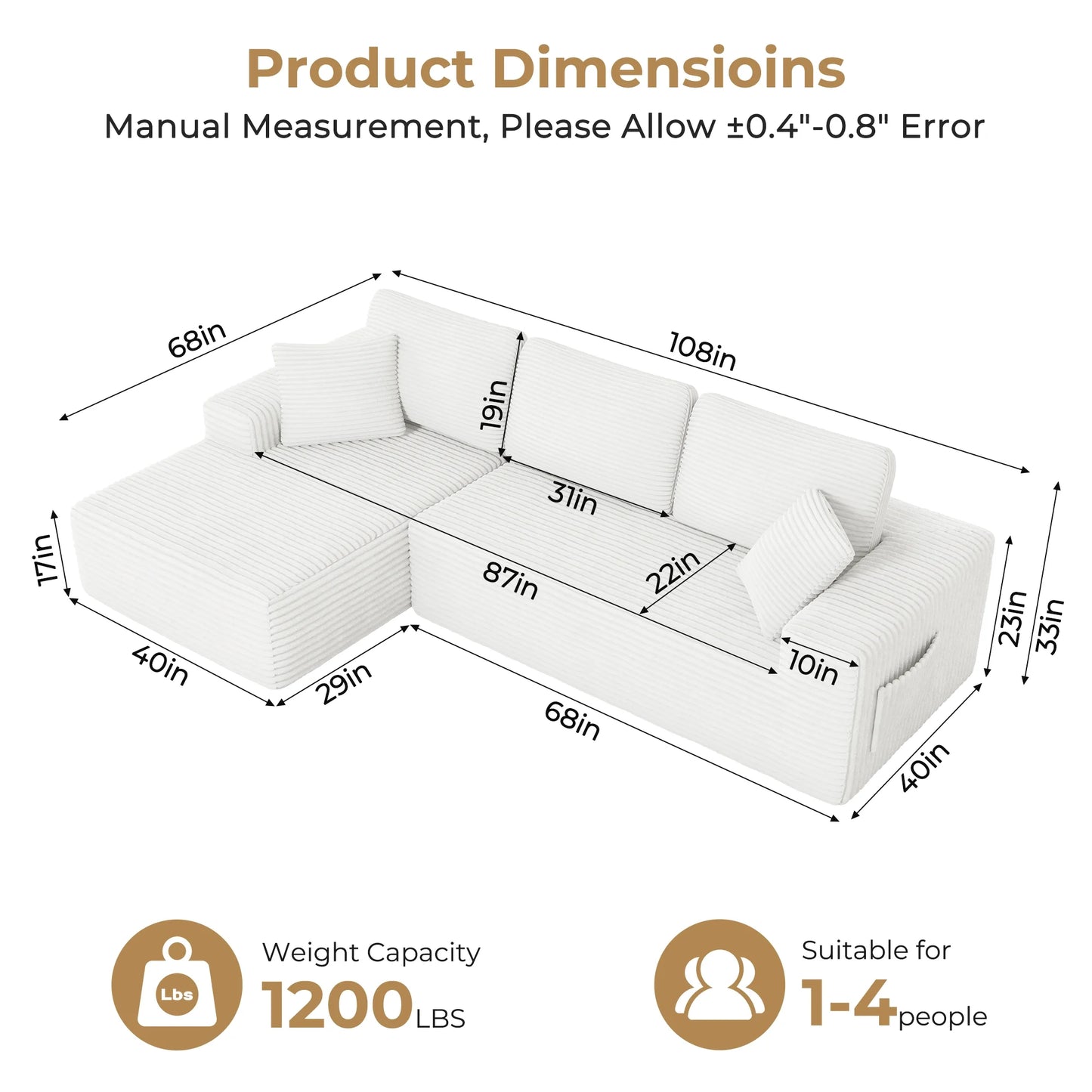 108" Boneless Sofa for Living Room,  Modern L-Shaped Corduroy Sectional, Modular Cloud Couch with Deep Seating Upholstered Sofa, Oversized,No Assembly, White