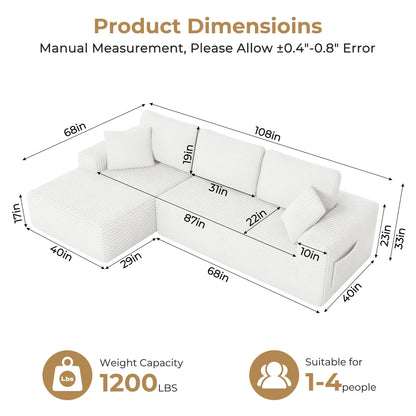 108" Boneless Sofa for Living Room,  Modern L-Shaped Corduroy Sectional, Modular Cloud Couch with Deep Seating Upholstered Sofa, Oversized,No Assembly, White