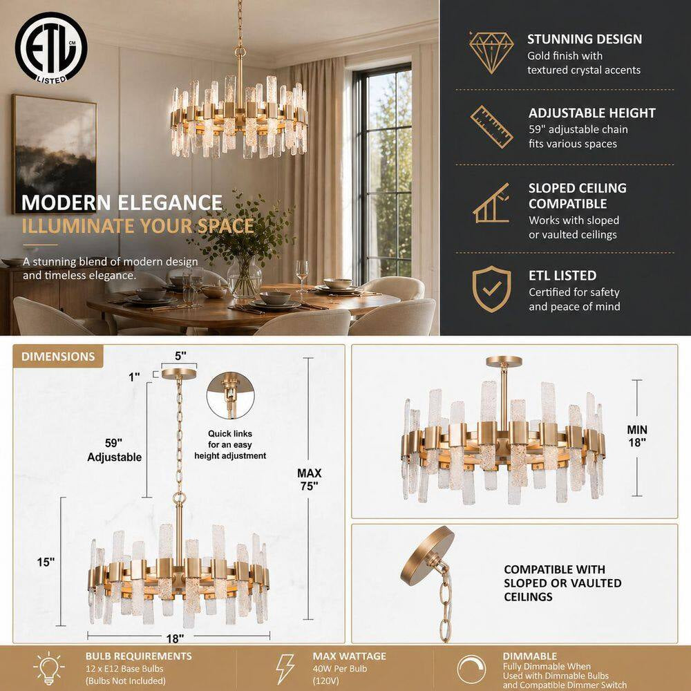 Mid-Century Modern Gold Kitchen Island Chandelier, 6-Light Glam Dining Room Ceiling Light with Icing Glass Strips