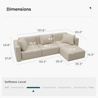 Luxury Modular Sectional Living Room Sofa Set, Modern Minimalist Style Couch with Ottoman and Chaise, L-Shape, Cream
