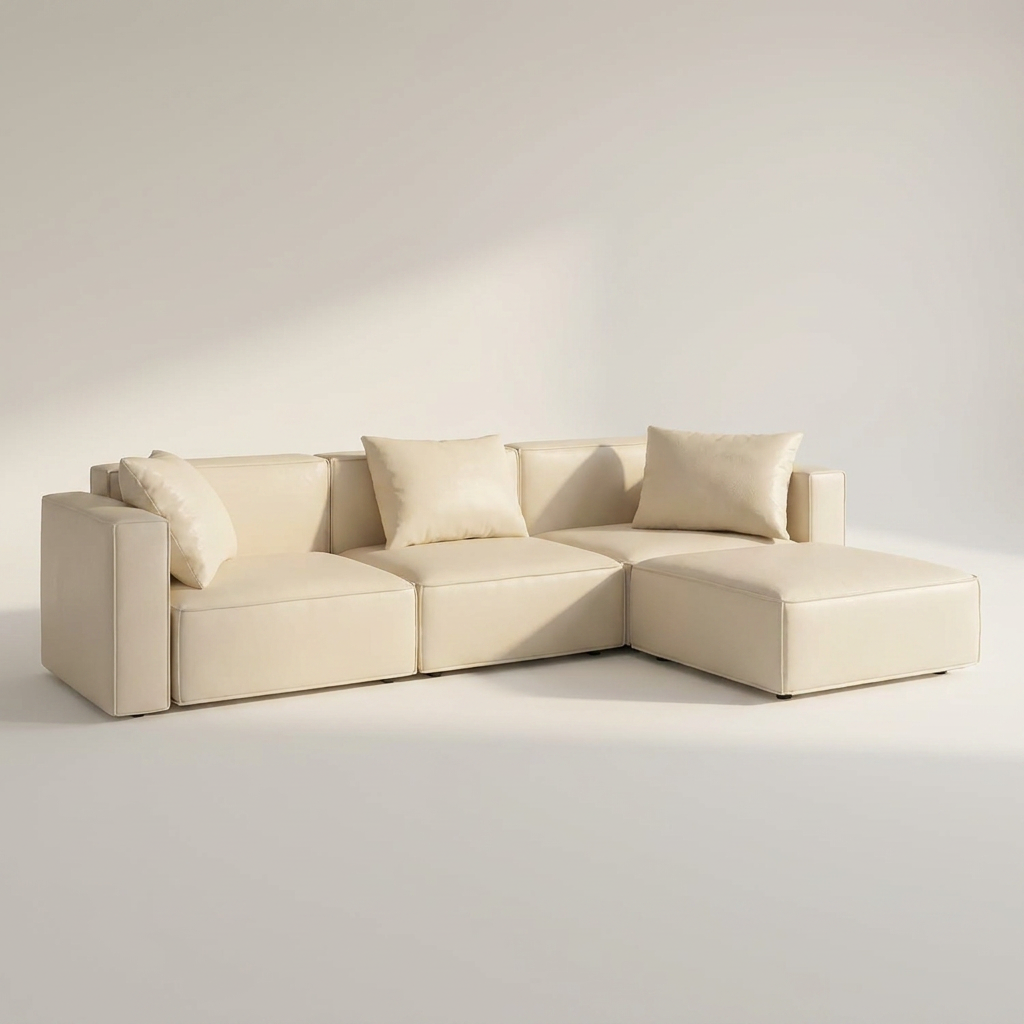 Luxury Modular Sectional Living Room Sofa Set, Modern Minimalist Style Couch with Ottoman and Chaise, L-Shape, Cream — Studio Shot