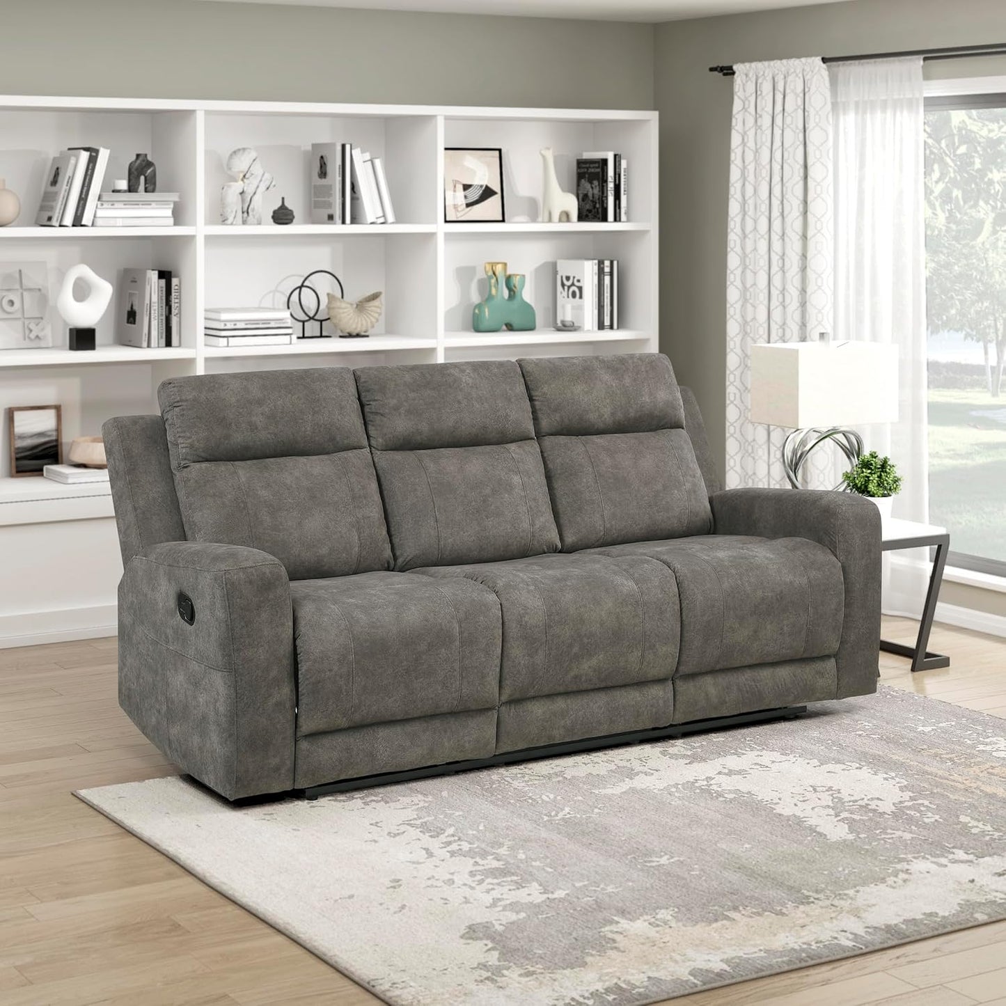 Manual Double Reclining Sofa, Textured Microfiber Upholstered 3 Seater Manual Sofa Recliner for Living Room, Wall Hugger, Track Arm, Easy Assembly, Brown