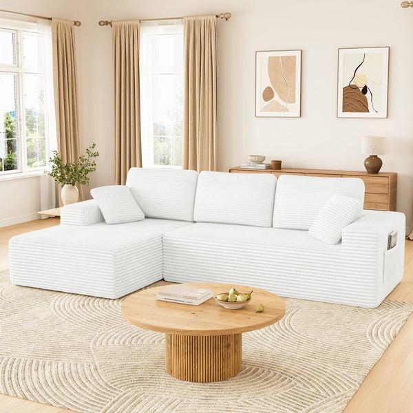108" Boneless Sofa for Living Room,  Modern L-Shaped Corduroy Sectional, Modular Cloud Couch with Deep Seating Upholstered Sofa, Oversized,No Assembly, White