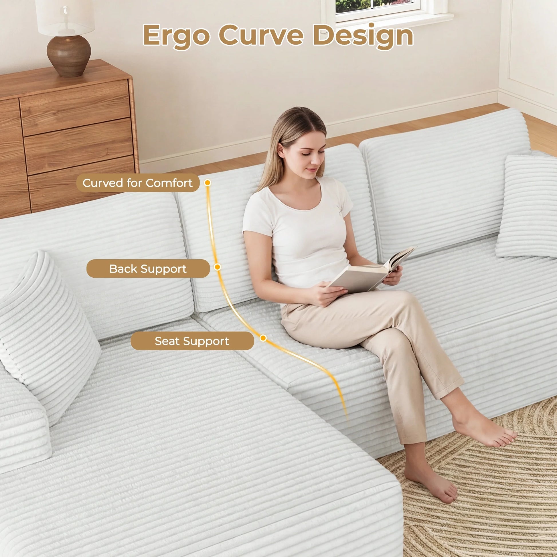 108" Boneless Sofa for Living Room,  Modern L-Shaped Corduroy Sectional, Modular Cloud Couch with Deep Seating Upholstered Sofa, Oversized,No Assembly, White
