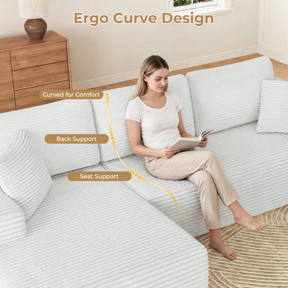 108" Boneless Sofa for Living Room,  Modern L-Shaped Corduroy Sectional, Modular Cloud Couch with Deep Seating Upholstered Sofa, Oversized,No Assembly, White
