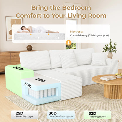 108" Boneless Sofa for Living Room,  Modern L-Shaped Corduroy Sectional, Modular Cloud Couch with Deep Seating Upholstered Sofa, Oversized,No Assembly, White