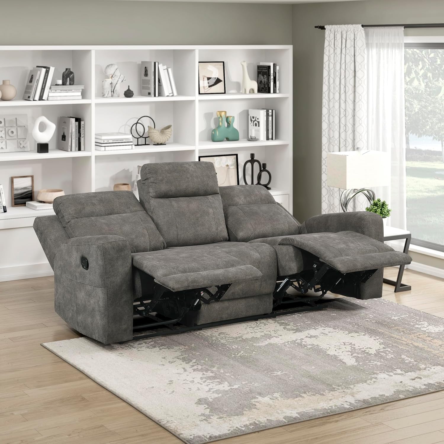 Manual Double Reclining Sofa, Textured Microfiber Upholstered 3 Seater Manual Sofa Recliner for Living Room, Wall Hugger, Track Arm, Easy Assembly, Brown