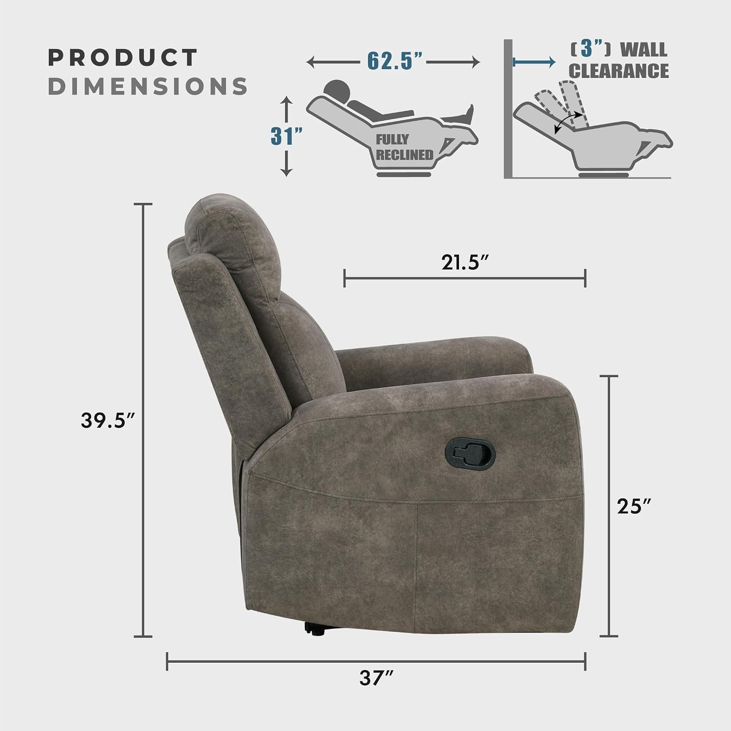 Manual Double Reclining Sofa, Textured Microfiber Upholstered 3 Seater Manual Sofa Recliner for Living Room, Wall Hugger, Track Arm, Easy Assembly, Brown