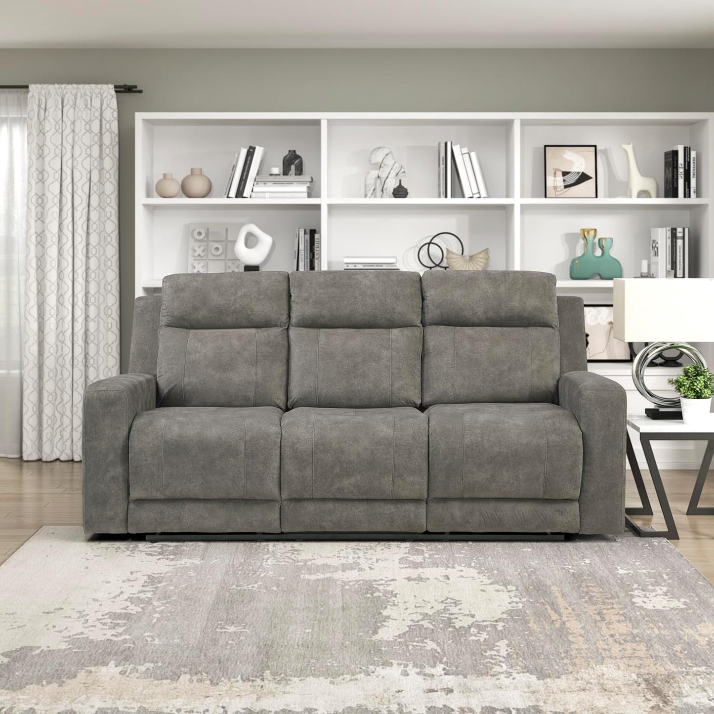 Manual Double Reclining Sofa, Textured Microfiber Upholstered 3 Seater Manual Sofa Recliner for Living Room, Wall Hugger, Track Arm, Easy Assembly, Brown