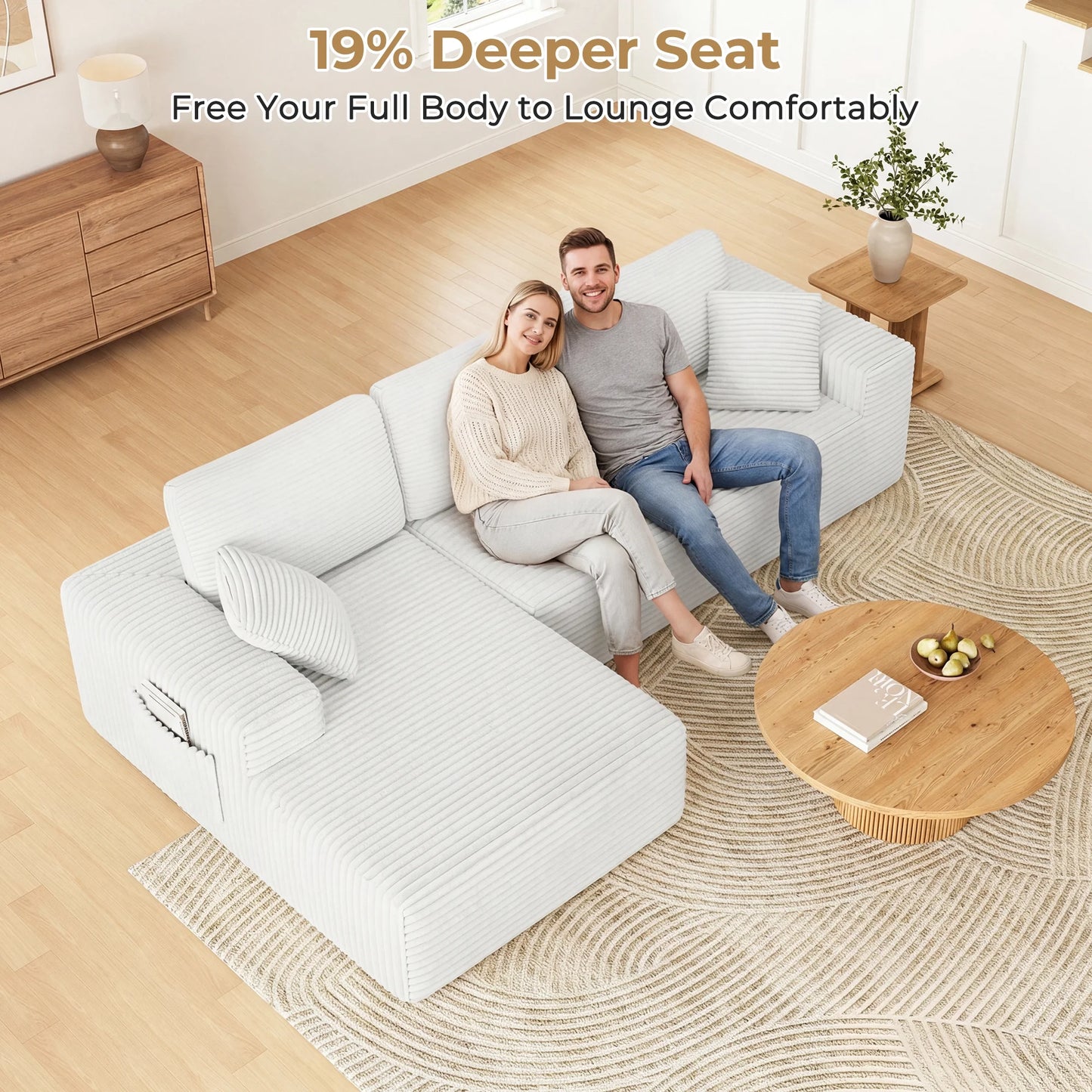 108" Boneless Sofa for Living Room,  Modern L-Shaped Corduroy Sectional, Modular Cloud Couch with Deep Seating Upholstered Sofa, Oversized,No Assembly, White
