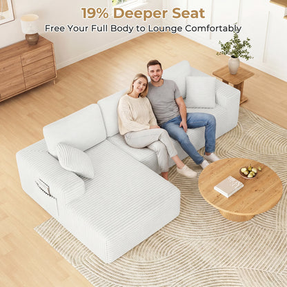 108" Boneless Sofa for Living Room,  Modern L-Shaped Corduroy Sectional, Modular Cloud Couch with Deep Seating Upholstered Sofa, Oversized,No Assembly, White