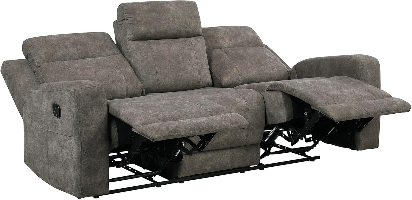 Manual Double Reclining Sofa, Textured Microfiber Upholstered 3 Seater Manual Sofa Recliner for Living Room, Wall Hugger, Track Arm, Easy Assembly, Brown