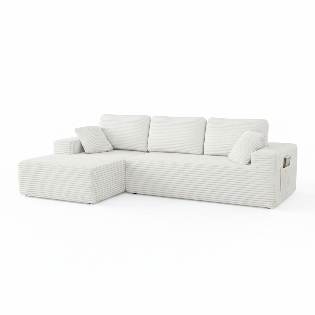108" Boneless Sofa for Living Room,  Modern L-Shaped Corduroy Sectional, Modular Cloud Couch with Deep Seating Upholstered Sofa, Oversized,No Assembly, White