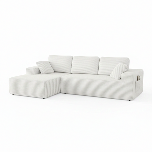 108" Boneless Sofa for Living Room,  Modern L-Shaped Corduroy Sectional, Modular Cloud Couch with Deep Seating Upholstered Sofa, Oversized,No Assembly, White